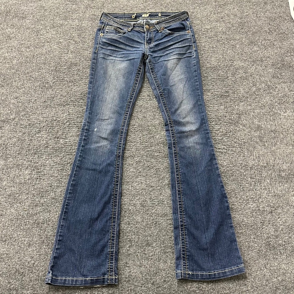 Dollhouse Jeans Womens Size 3 Blue Flare Low Rise Heavy Stitch Y2K Denim Stretch
